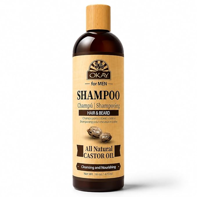 OKAY for MEN Castor Oil Hair & Beard Shampoo - Hydrating Shampoo for Healthy Hair & Beard Growth, Moisturizing Care, Strengthen & Restore Damage, Natural, Sulfate-Free - 16 Oz