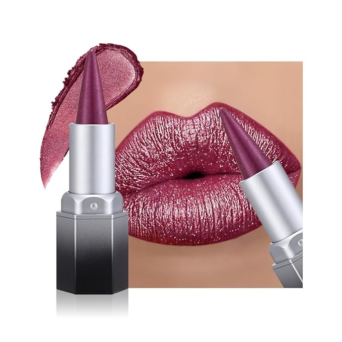 evpct Plum Purple Shimmery Metallic Lip Liner and Lipstick Combo, Cone Tip Lip Crayon for Women Long Lasting Waterproof, Shinny Hydrating Lipstick Makeup, Glitter Lips Liner Pencil for Shimmery Shade