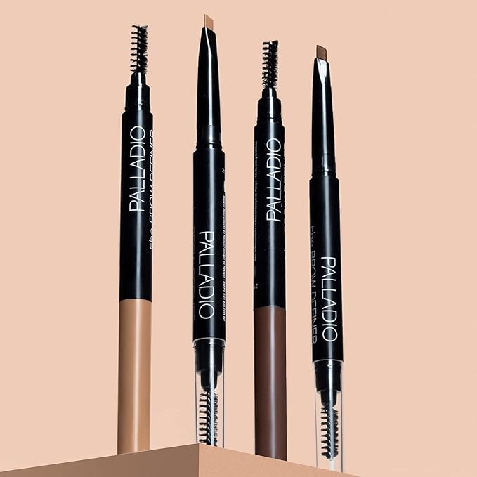 Palladio Brow Definer Retractable Pencil, Triangular Tip Fills Brows for a Natural Look, Tame and Shape Eyebrows with Spoolie Brush, Eyebrow Shaper, Buildable Light to Dark Colors, (Dark Brown)