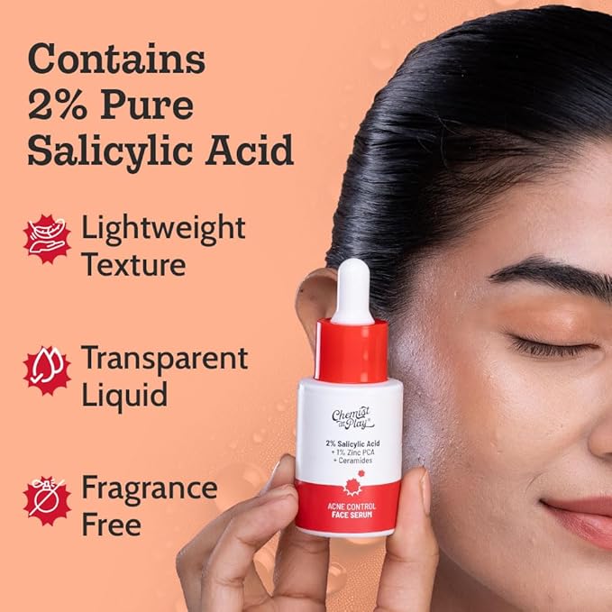 Chemist At Play 2% Salicylic Acid Face Serum | Treats Active Acne | Controls Excess Oil | Fades Acne Marks | Improves Skin Texture | 30ml