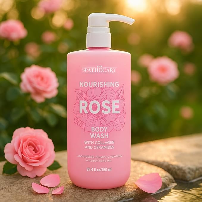 Rose Body Wash with Collagen & Ceramides – Hydrating Moisturizing Shower Gel for Dry & Mature Skin, Daily Cleanser with Rose Extract for Soft Skin, Vegan, Sulfate Free, 25.4 fl oz