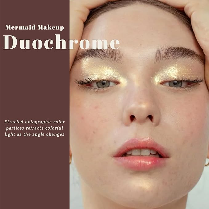 Noerrors Duochrome Champagne Gold Glitter Eyeshadow Palette, Holographic Chameleon Rich Color Shimmer Metallic Eye Shadow, Color Shift Sparkle Eye Brightener Palette Fairy Makeup for Rave Concert#03