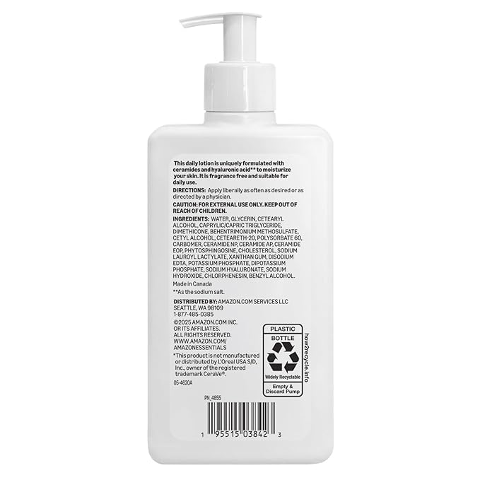 Amazon Essentials Daily Moisturizing Lotion for Face and Body, Fragrance Free, with Ceramides, 12 fl oz, 1-Pack