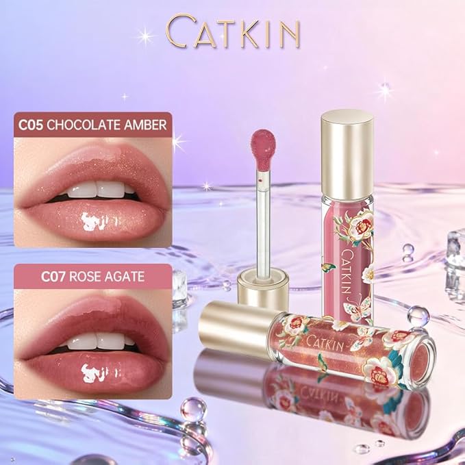 Catkin Lip Plumper Gloss, Tinted Lip Serum with Hyaluronic Acid & Jojoba Oil, Non-sticky Volumizing Hydrating Formula for a High Shine Maximum 3D Look, Plump & Soft Lips 0.12 Fl Oz 2pcs (05+07)