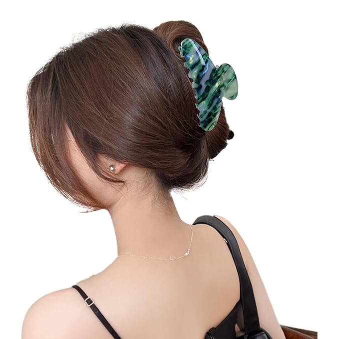 Wenlly large tortoise shell claw clip, marble non-slip strong hair barrettes, 4.1 Inch cellulose acetate hair claw clips, green