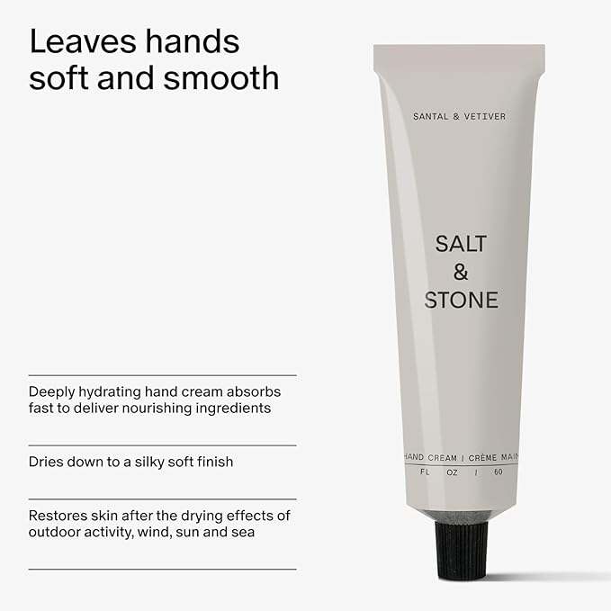 Salt & Stone Hand Cream for Women & Men | Hydrates, Nourishes & Softens Skin | Restores Dry Cracked Hands | Fast-Absorbing | Cruelty-Free & Vegan | Santal & Vetiver 2 fl oz