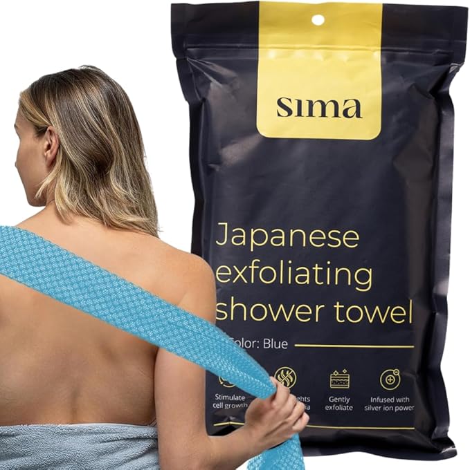 Exfoliating Washcloth Face & Body Scrub Towel - Japanese Exfoliating Towel with Hexagon Fibers, Body Scrubber with 2 Sides for Scrubbing & Washing, Extra Long Towels (Blue, 3 Pack)