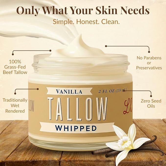 Whipped Tallow 2oz - All Natural Face Cream + Whole Body Moisturizer for Dry Skin - Made With Scented Oil Blend - No Preservatives, Parabens or Seed Oils - USA Made (Vanilla)