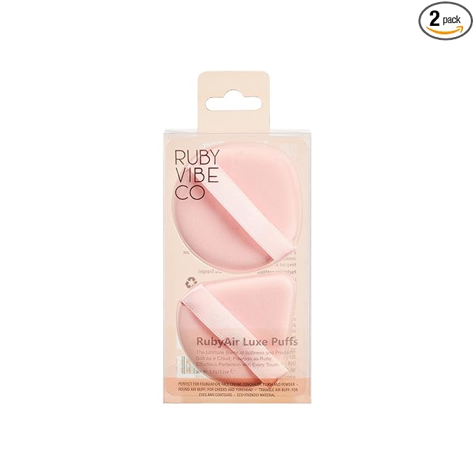 RubyAir Luxe Puffs, Set 2 Air Puffs, Round and Triangle Shapes, Latex-Free Velvet, Pink, for Foundation, Concealer, Blush, Setting Powder, Wet or Dry Use, All Skin Types | RUBY VIBE CO