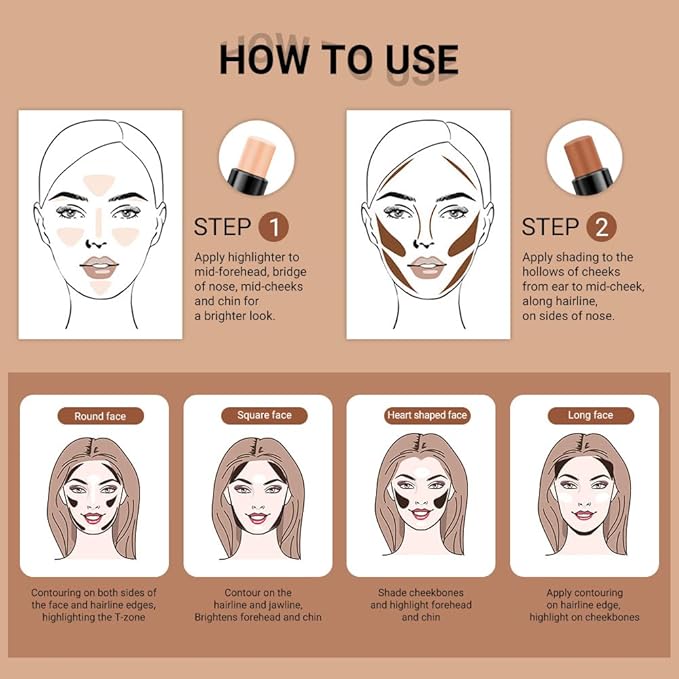 evpct 4 Colors Contour Stick Makeup Set Concealer Stick Cream Contouring Palette Makeup Kit for Beginners Nose Bronzer Sticks Liquid Contour Face Highlighter Makeup 02+03