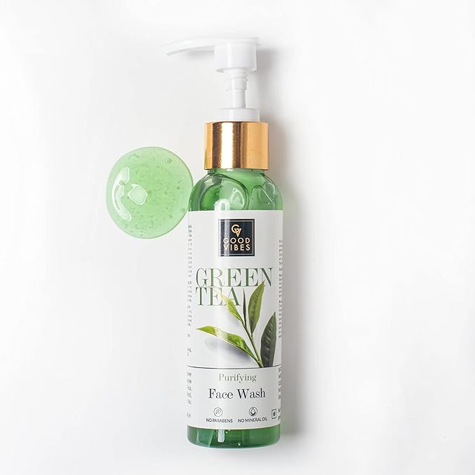 Good Vibes Green Tea Face Wash | Anti Acne Deep Cleansing Antioxidants Rich Facial Cleanser For All Skin Types | Natural, No Parabens & Mineral Oil (120 ml/4.06 Fl Oz)