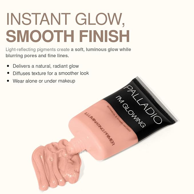 Palladio I'm Glowing Illuminating Primer, Pearly Pink Makeup Primer for Face, Contains Aloe Vera, Grape Seed Oil, Green Tea, Brightens Complexion, Combats Wrinkles, Fine Lines & Pores, 0.67 oz