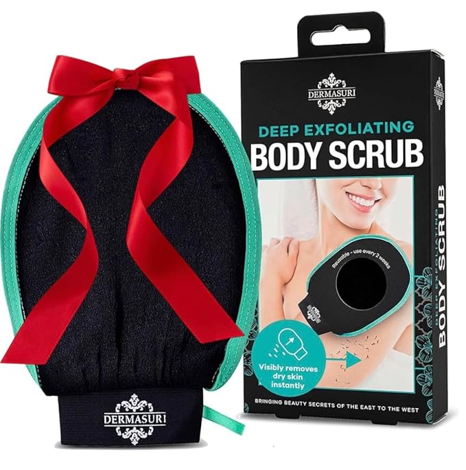 Dermasuri - Deep Exfoliating Glove - Korean Exfoliating Mitt & Body Scrubber - Keratosis Pilaris Treatment Scrub - Self Tanner Mitt & Ingrown Hair Exfoliator - Shower Gloves for Women & Men - XL