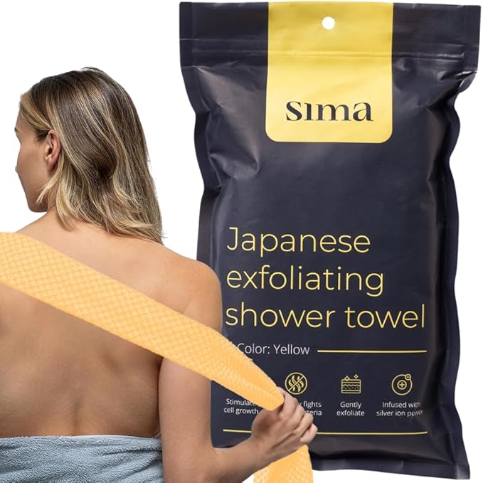 Exfoliating Washcloth Face & Body Scrub Towel - Japanese Exfoliating Towel with Hexagon Fibers, Body Scrubber with 2 Sides for Scrubbing & Washing, Extra Long Towels (Yellow, 3 Pack)