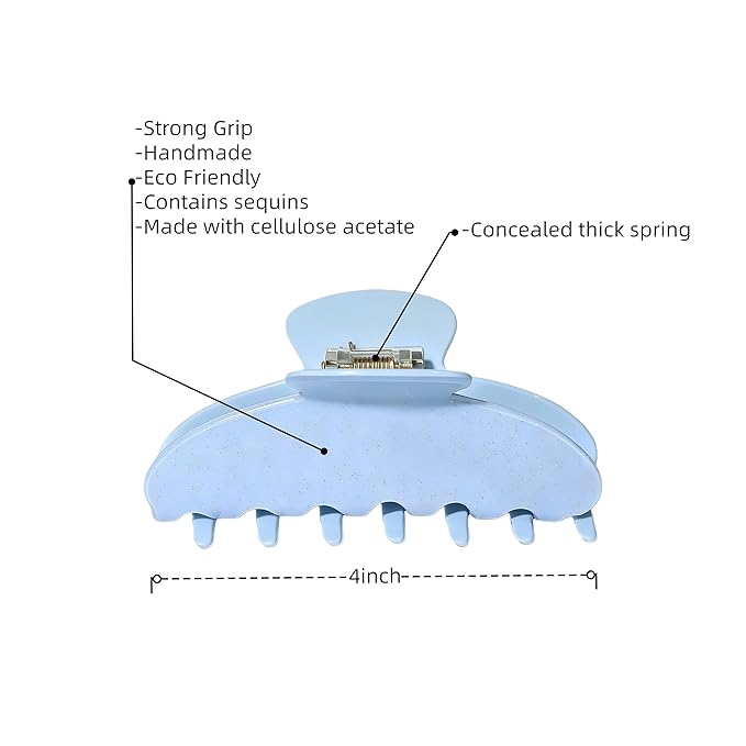 Durable Acetate Hair Clips - 4-Inch Sequin Blue Claw Clips for Fine and Thick Hair (Sequin Blue)