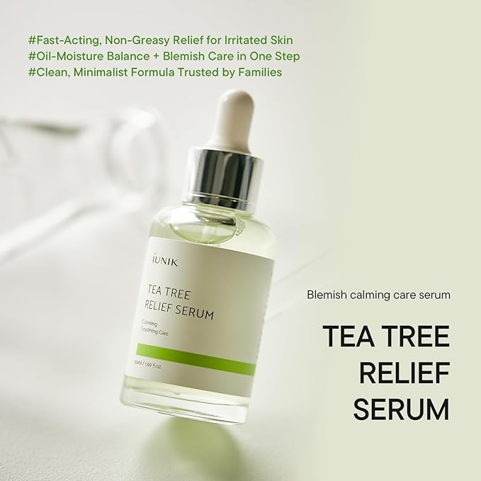IUNIK Tea Tree Relief Serum – Tea Tree & Centella Asiatica Lightweight Vegan Ampoule for Soothing, Calming & Oil Balance, Korean Skincare for Acne-Prone Skin, 50ml / 1.69 fl oz