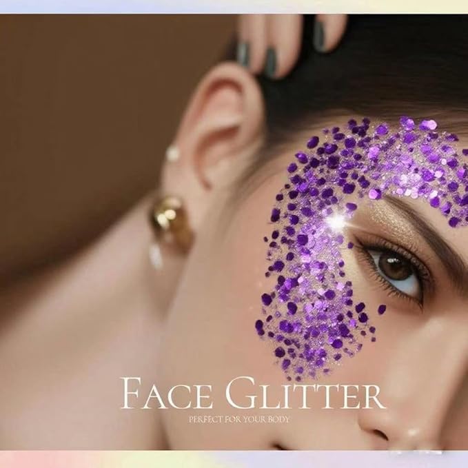 Body Glitter Gel, Mardi Gras Chunky Face Glitter Mermaid Sequins, Sparkly Hair Glitter,Singer Concert Festival Rave Accessories, Halloween Body Painting (#06 Violet)