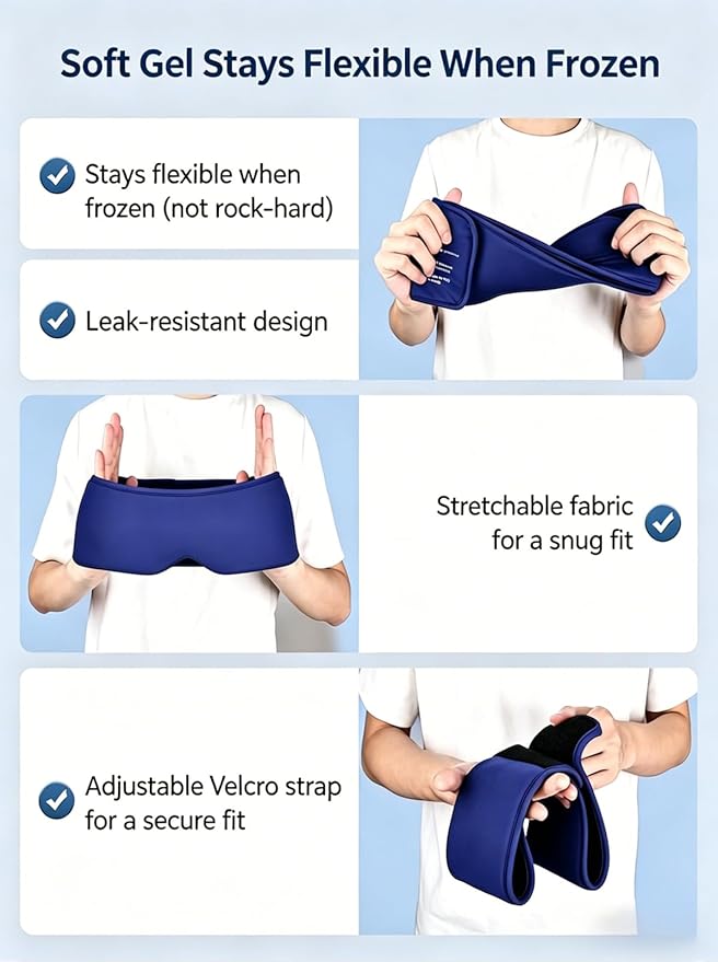 Cooling Gel Eye Mask for Puffy Eyes, Migraine & Headache Relief, Full Eye-Area Cold Compress for Eyes & Temples, FSA Eligible HSA, Reusable Flexible Adjustable Fit for Post Surgery Recovery