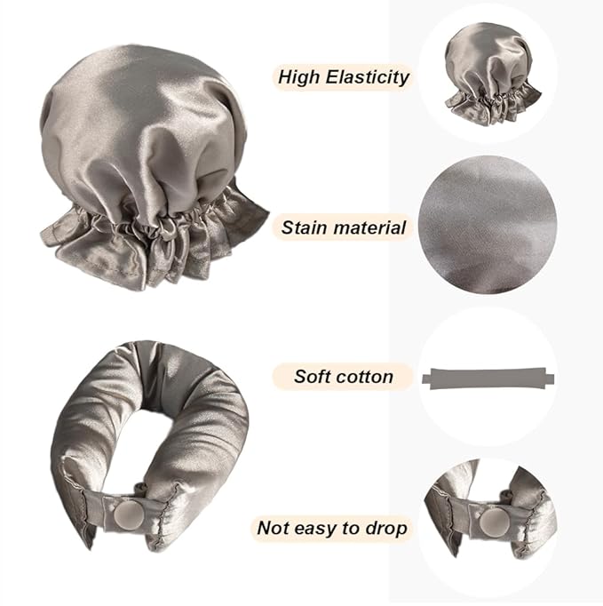 Hair Rollers Set - 6 Satin Curlers with Headband and Cap for Heatless, No-Heat Curls on All Hair Types (Khaki)