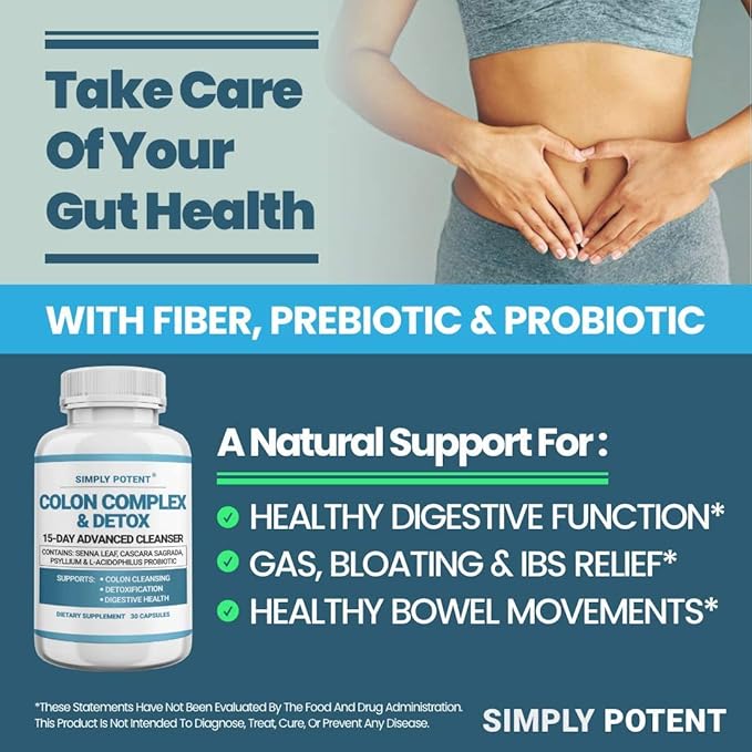 Simply Potent Natural Colon Cleanse - Gentle Colon Cleanser Supplement for Digestive Health - Supports Detoxification and Regularity - 60 Capsules