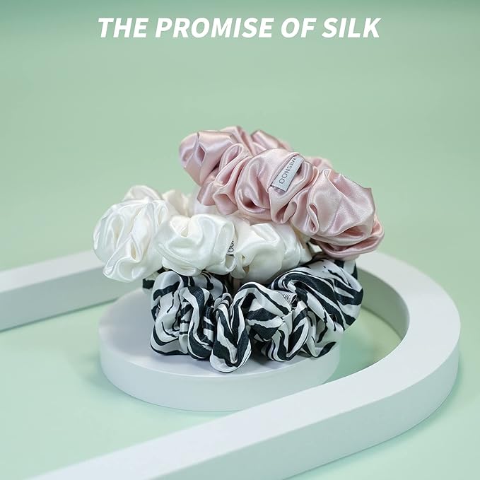 MTSNOO Silk Scrunchies for Sleep, 100% Pure 22 Momme Mulberry Silk Scrunchies for Curly Hair with Elastic Band, 3 Pack, Pink White Zebra