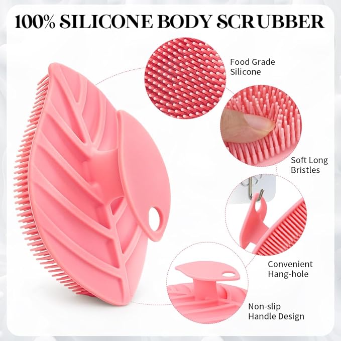 2 Pack Silicone Body Scrubber, Soft Silicone Loofah, Gentle Exfoliating Body Scrubber for Sensitive Skin, Leaf Shaped Shower Scrubbers, Silicone Scrubbers Body Brush for Women Men (Pink & Purple)