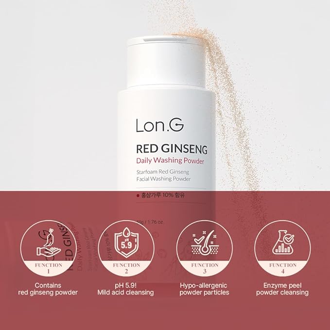 LON.G Red Ginseng Enzyme Powder Face Wash | Soft Cleanser and Exfoliator for Sensitive Skin, hydrating daily facial cleanser, low pH, blackhead removal, Ultra- Fine, Korean Skincare, 50g 1.76 oz.