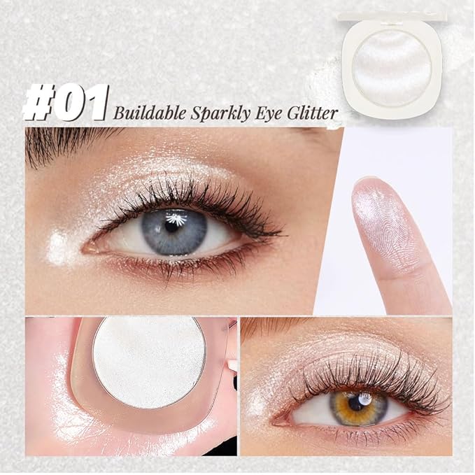 CAKAILA Pearl White Silver Shimmer Glitter Sparkling Monochrome Eyeshadow Palette,Metallic Single Eye Shadow for Older Women,Long Lasting Naturing-Looking Eye Makeup