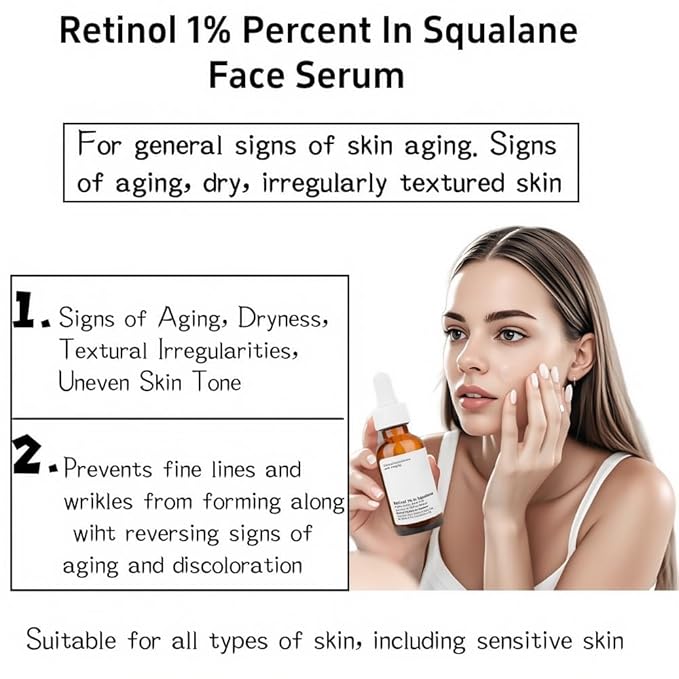 1% Pure Retinol Serum with Squalane Base - Gentle Anti-Aging Facial | Targets Wrinkles, Fine Lines & Uneven Texture | Soothes While Firming for Smooth Youthful Complexion - 30ml