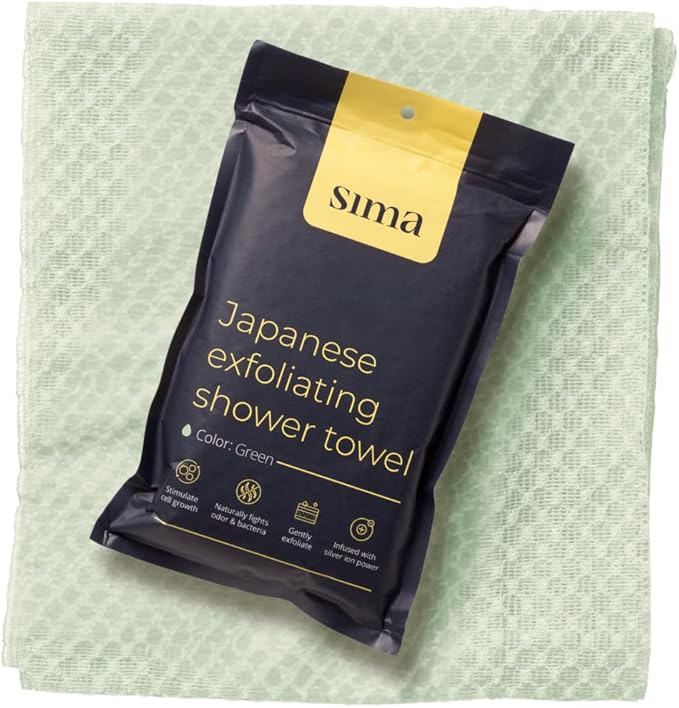 Sima Brand Exfoliating Washcloth Face & Body Scrub Towel - Japanese Exfoliating Towel with Hexagon Fibers, Body Scrubber with 2 Sides for Scrubbing & Washing, Extra Long Towels (White, 3 Pack)