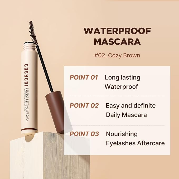 COSNORI Waterproof Mascara & Remover Set 02 Cozy Brown - Ultra-Strong Waterproof Mascara with Gentle Eye Makeup Remover, Smudge-Proof & Easy Cleansing Duo (02 Cozy Brown + Mascara Remover)