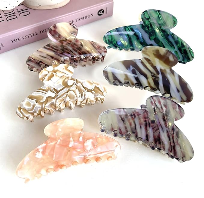 Wenlly large tortoise shell claw clip, 4.1 Inch cellulose acetate hair claw clips, marble non-slip strong hair hold barrettes for women and girls, pink