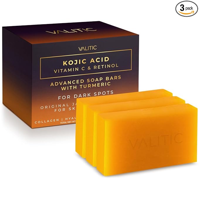VALITIC Kojic Acid Vitamin C and Retinol Soap Bars with Turmeric for Dark Spot - Original Japanese Complex Infused with Collagen, Hyaluronic Acid, and Vitamin E (3 Pack)