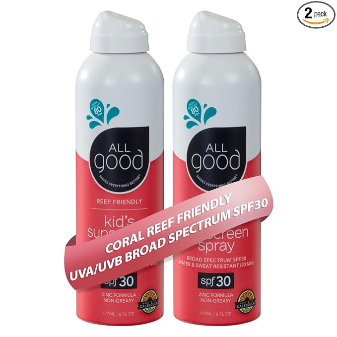 All Good Baby & Kids Sunscreen Spray - UVA/UVB Broad Spectrum, SPF 30, Zinc Oxide, Coral Reef Friendly, Water Resistant, Calendula, Aloe (6 oz)(2-Pack)