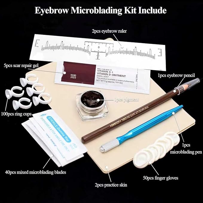 Eyebrow Microblading Kit, Permanent Tattoo Practice Set with Blades, Pigment, Practice Skin, Ruler, Repair Gel, Ring Cup, Finger Gloves, Pencil