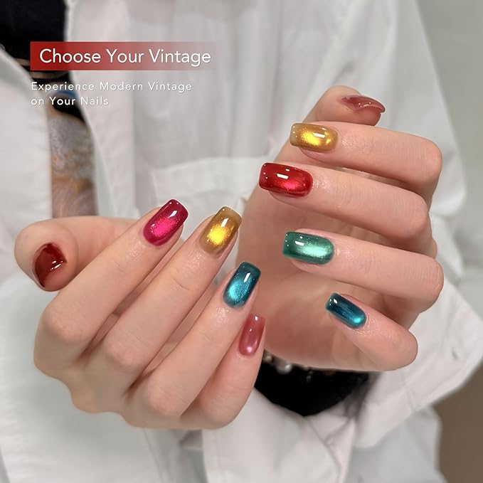 GAOY Cat Eye Gel Nail Polish Set with Magnet 6 Colors, Pink Red Blue Yellow Colors Sheer Gel Polish, Gemstone Nail Art Manicure