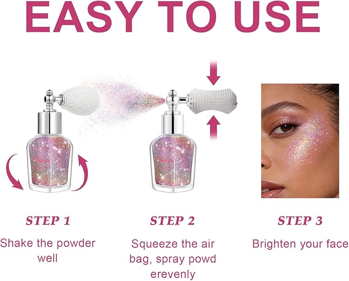 Hair and Body Glitter Spray, Shimmering Powder Sparkle Powder Makeup, Glitter Loose Sparkle Makeup for Body Highlighter,Festival Prom Rave Accessories (Metallic Beauty Beam)