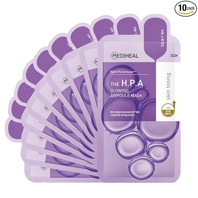 Mediheal Official Best No.1 Korean Sheet Mask - HPA Ampoule Face Mask 10 Sheets for Smoothing, and Instant Glow with LHA & PHA