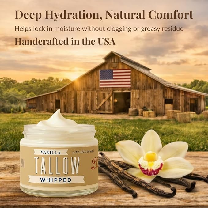 Whipped Tallow 2oz - All Natural Face Cream + Whole Body Moisturizer for Dry Skin - Made With Scented Oil Blend - No Preservatives, Parabens or Seed Oils - USA Made (Vanilla)