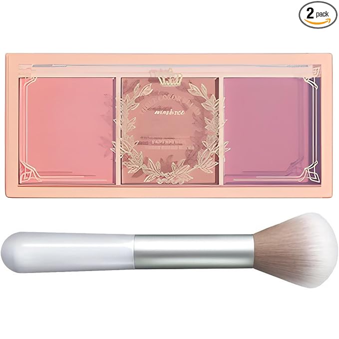3 Color Matte Pink Blush Palette with Brush, Long Lasting Cheek Makeup, Light and Smooth Blush Powder for Face Beauty