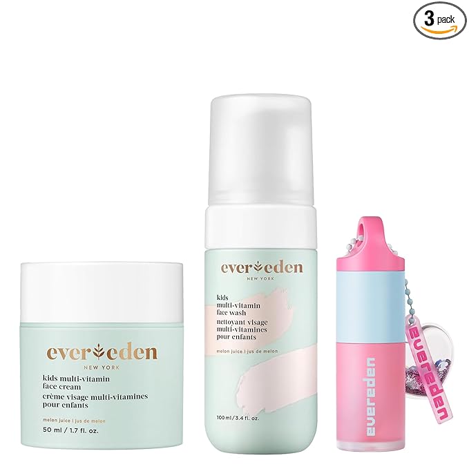 Evereden Happy Kids Skin & Lips Routine - Multi-Vitamin Face Wash & Face Cream Melon & Tinted Lip Oil Sakura Pink Set - Clean & Vegan Skin Care for Kids 3+ - Moisturizing, Nourishing, & Protective