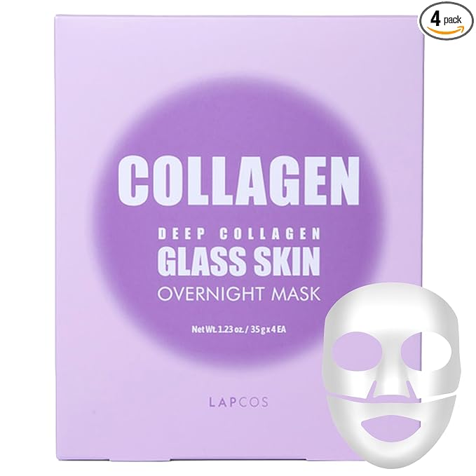 LAPCOS Deep Collagen Glass Skin Overnight Mask - Korean Skin Care Mask w/Rose PDRN, Vegan Collagen & Hydrogel Sheet - Hypoallergenic Firming Collagen Face Mask Sheets (4 ea, 1.23 oz)