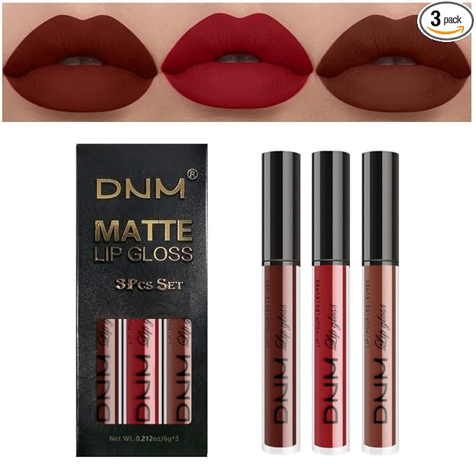 evpct 3Pcs Matte 24-hour Liquid Lipstick Sets, Dark Ruby Brown Red Permanent Stay on Lipstick Lip Set for Black Women Long Lasting 24 Hours Smudge Proof labiales matte labial mate larga duracion 24 02