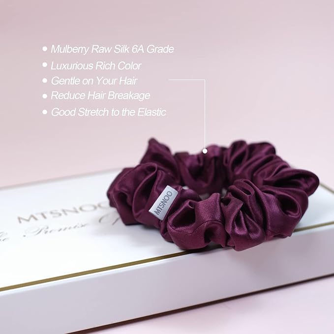 MTSNOO 100% Pure 22 Momme Mulberry Silk Scrunchies Set - Elastic Band for Curly Hair, 1 Pack of Hair Ties and Ropes for Women and Girls