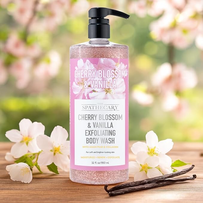 Cherry Blossom & Vanilla Exfoliating Body Wash with Coconut and Asian Pear & Collagen | Moisturize Renew & Exfoliate, 32 oz.