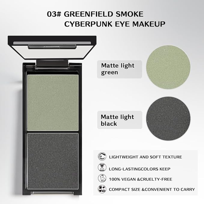 Olive Green & Charcoal Gray Matte Duo Eyeshadow Palette, 2 Color Green Smokey Eye Shadow, Smooth Blendable Long Lasting Mini Travel Eyeshadow Palette for Natural Glam Looks 3#