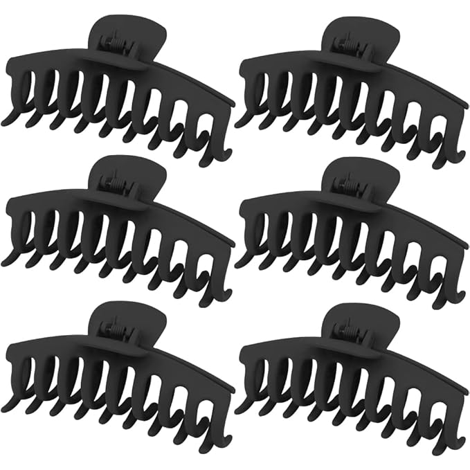 WHAVEL 6PCS Matte Plastic Large Black Hair Claw Clips For Thick Hair Jaw Clips Non-slip Ponytail Holder Hair Clip Clamps Teeth for Women and Girls