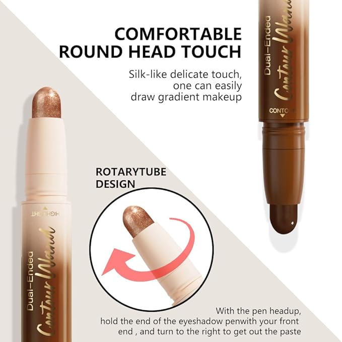 Dual Ended Contour Stick, Black Cocoa + Bronzer Shimmer Cream Concealer Highlighter, Waterproof No Transfer Long-Lasting 2-in-1 Face Contour Bronzer Stick for Daily Makeup 26#
