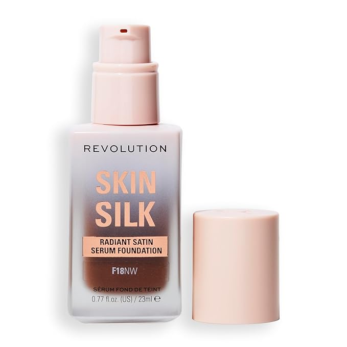 Revolution Skin Silk Radiant Satin Serum Foundation, Buildable Coverage with Hydrating Hyaluronic Acid for a Natural Finish, Vegan & Cruelty-Free, F18NW Deep Skin Tones, 0.77 fl oz