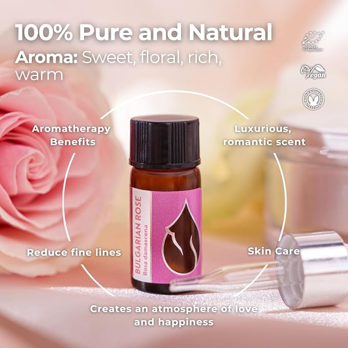 Essences Bulgaria Organic Rose Essential Oil 0,1 Fl Oz | 3ml | Rosa Damascena | 100% Pure and Natural | Undiluted | Therapeutic Grade | Family Owned Farm | Steam-Distilled | Non-GMO | Vegan